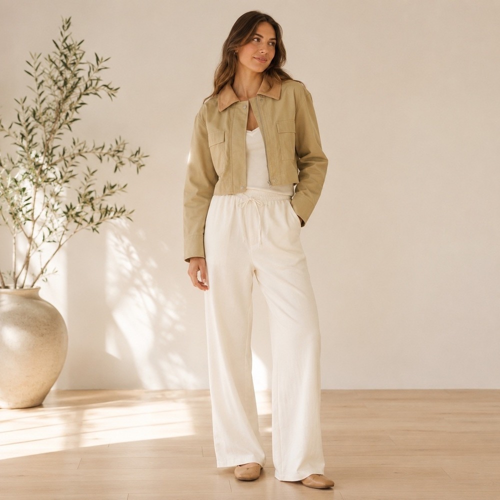 A New Day Womens Cropped Utility Jacket Khaki Tan Corduroy Collar Size L NWT